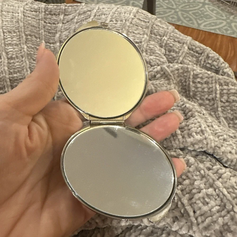 Vintage Unbranded Compact Mirror Makeup Karess Woodworth Style Silver Rhinestone